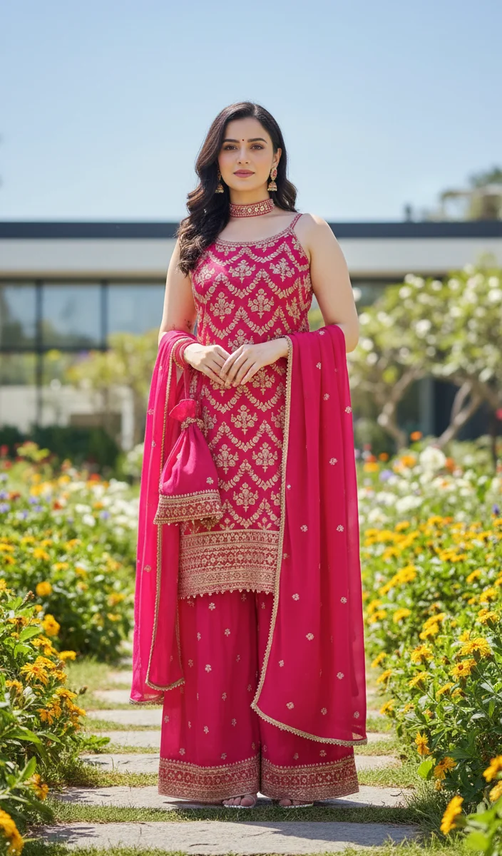 Rani Pink Sharara Suit with all-over Gold Zari Embroidery - Image 2