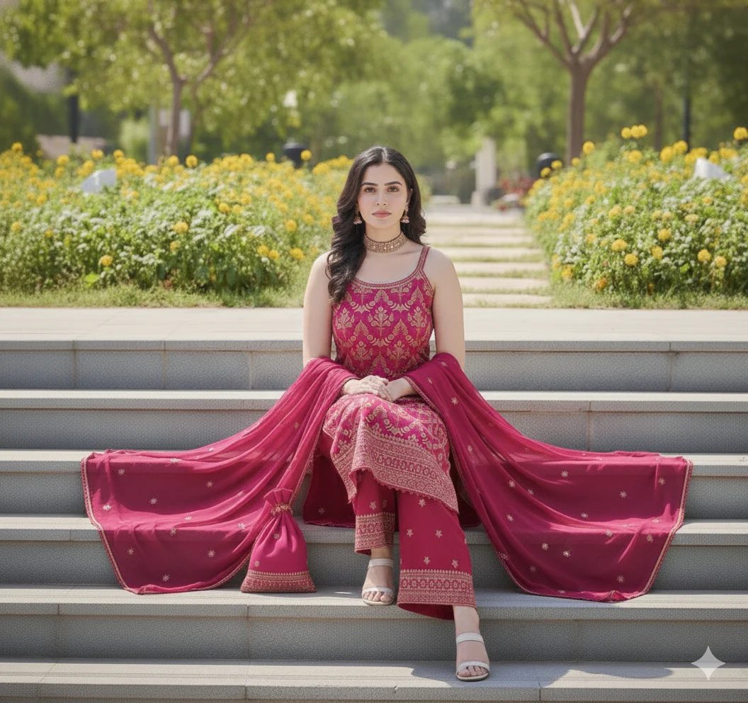 Rani Pink Sharara Suit with all-over Gold Zari Embroidery