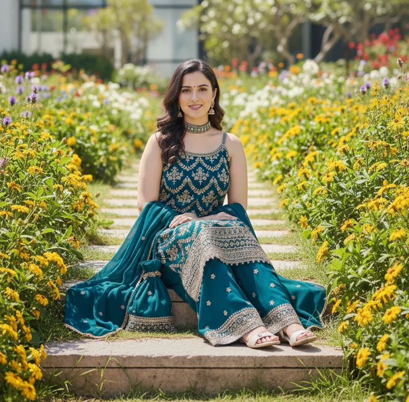 Teal Blue Embroidered Sharara Suit with intricate Gold Zari Work on the sleeveless Kurta