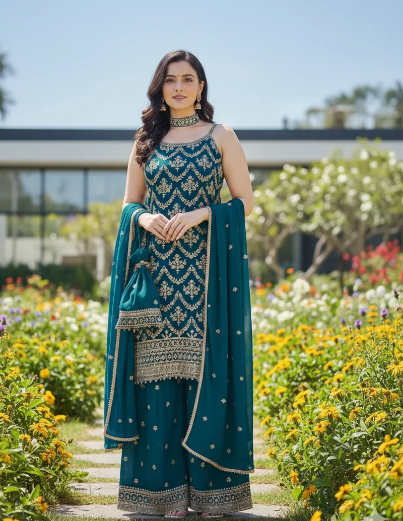 Teal Blue Embroidered Sharara Suit with intricate Gold Zari Work on the sleeveless Kurta - Image 2