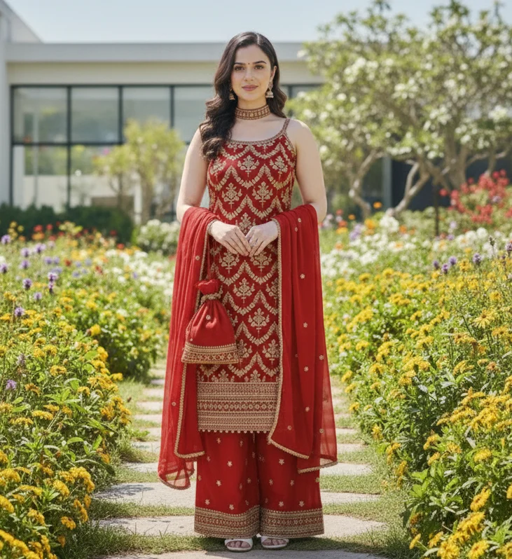 Deep Red Sharara Suit with intricate Gold Zari Embroidery on the sleeveless Kurta - Image 2