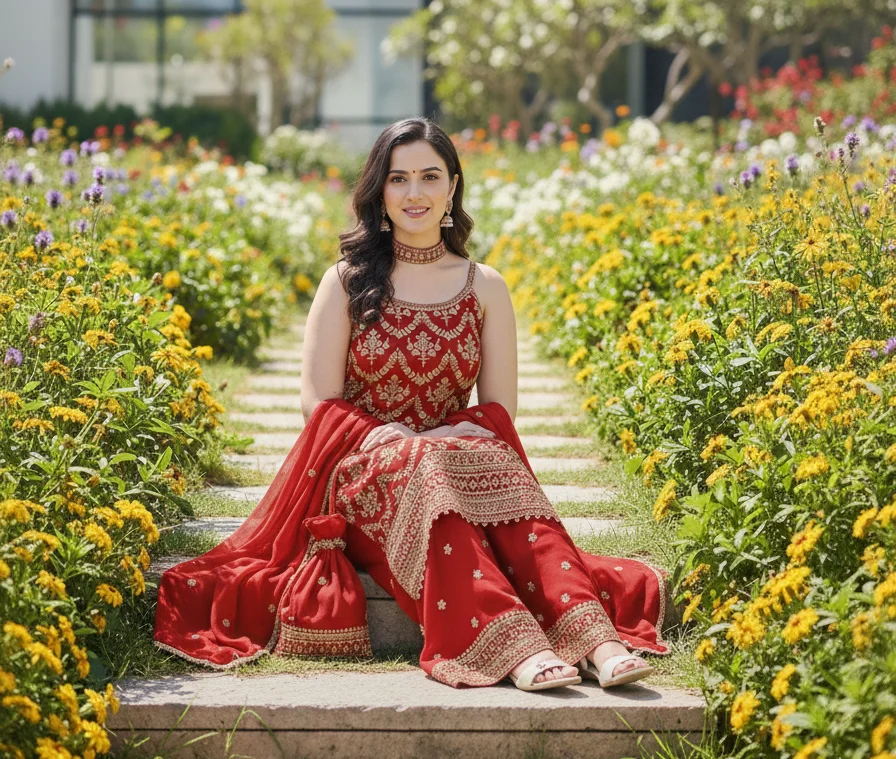 Deep Red Sharara Suit with intricate Gold Zari Embroidery on the sleeveless Kurta