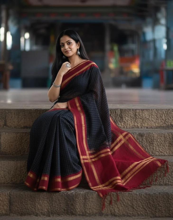 Black Saree with a subtle checked pattern and a broad Maroon and Gold Striped Border with Blouse - Image 4