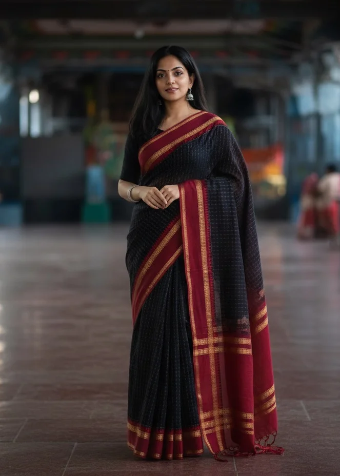 Black Saree with a subtle checked pattern and a broad Maroon and Gold Striped Border with Blouse - Image 3
