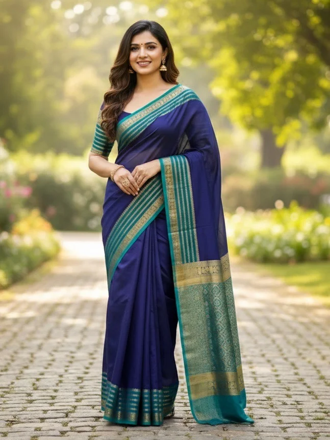 Navy Blue Saree with a contrasting Teal Blue and Gold Zari Border with Blouse - Image 3