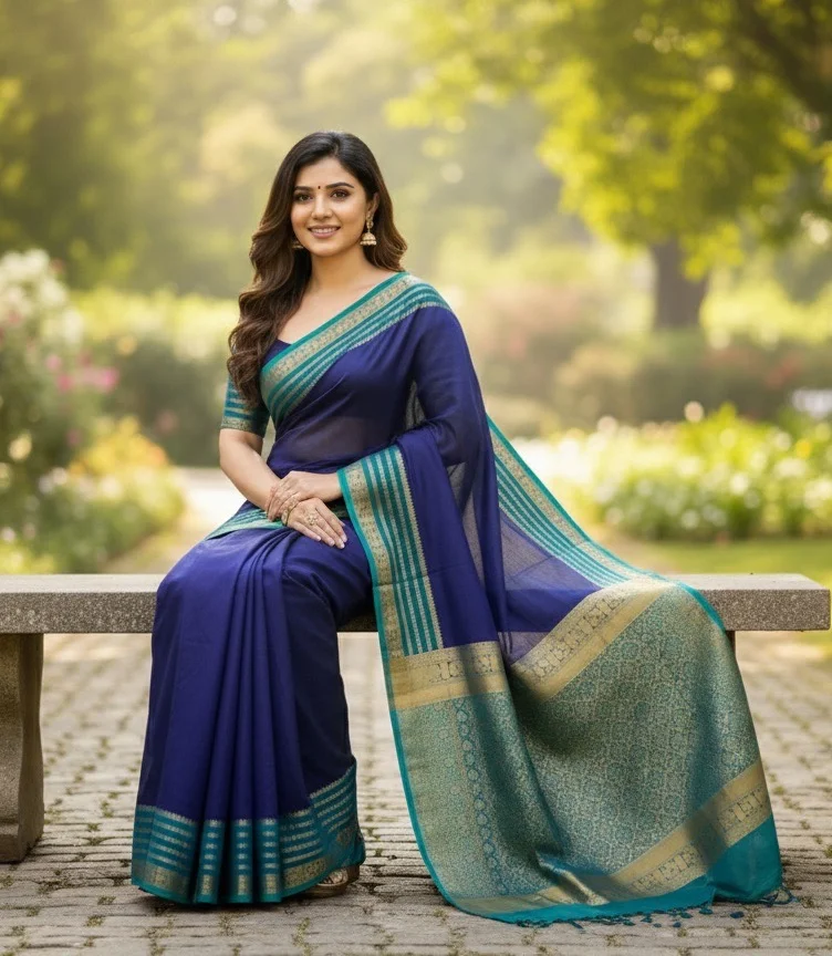 Navy Blue Saree with a contrasting Teal Blue and Gold Zari Border with Blouse - Image 2