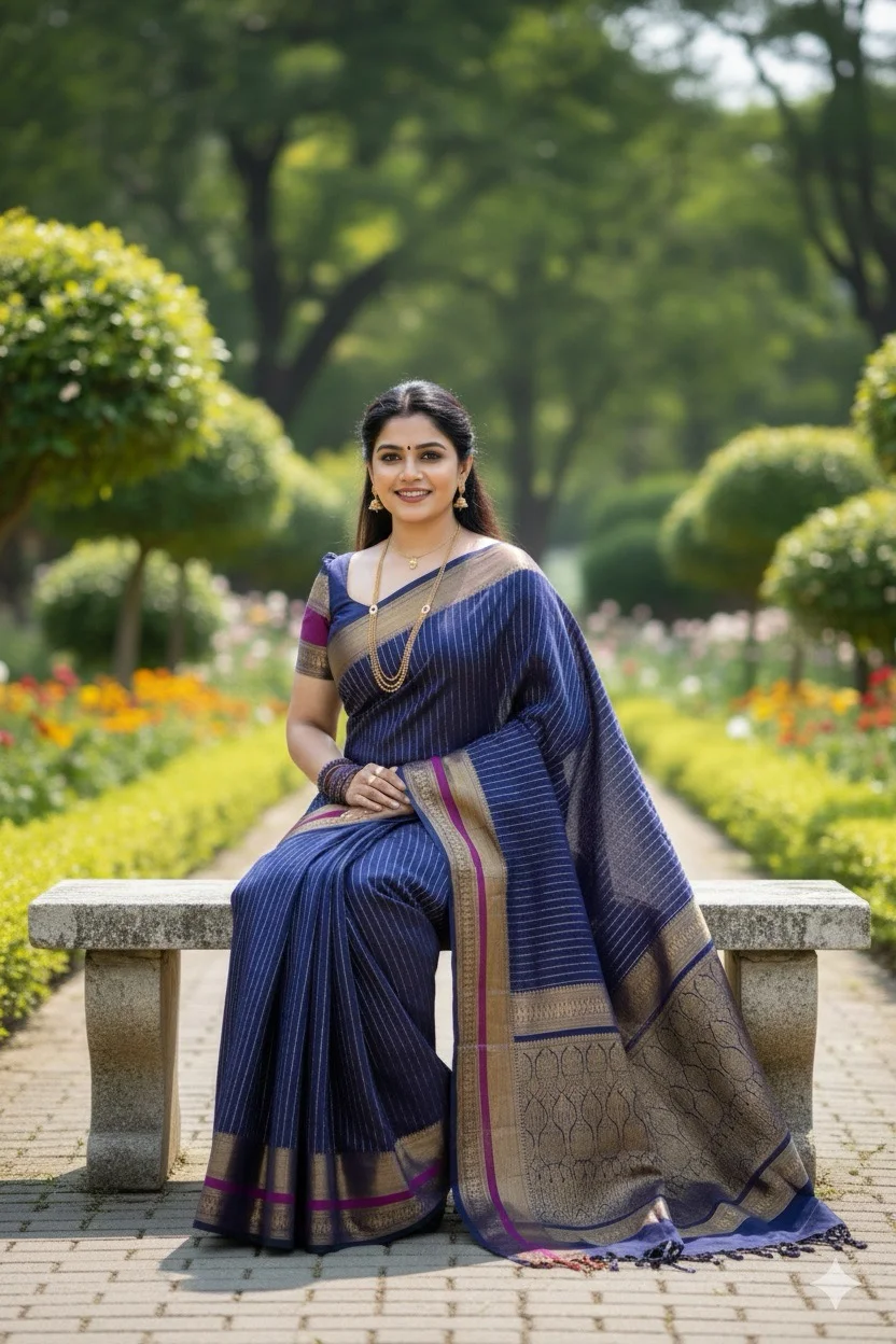 Navy Blue Striped Saree with a rich Gold and Maroon Zari Border with Blouse - Image 3