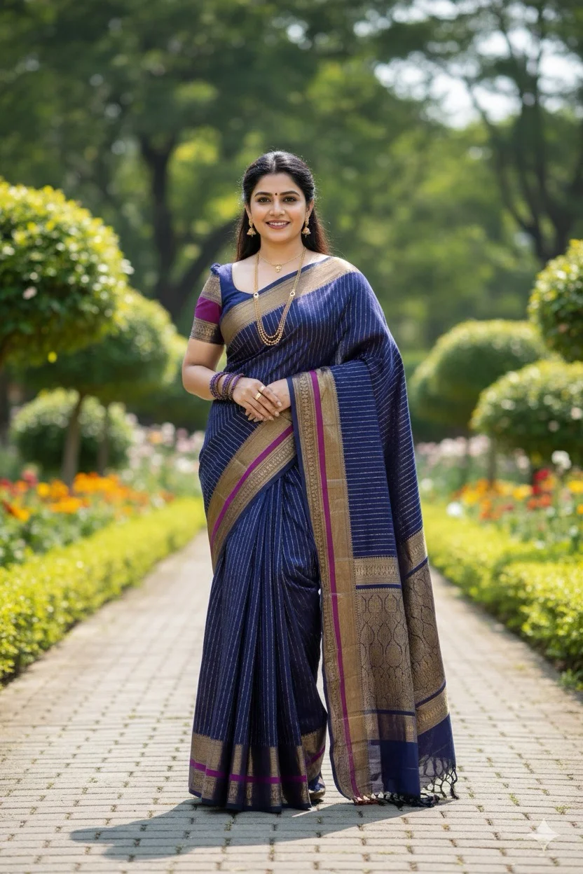 Navy Blue Striped Saree with a rich Gold and Maroon Zari Border with Blouse - Image 2
