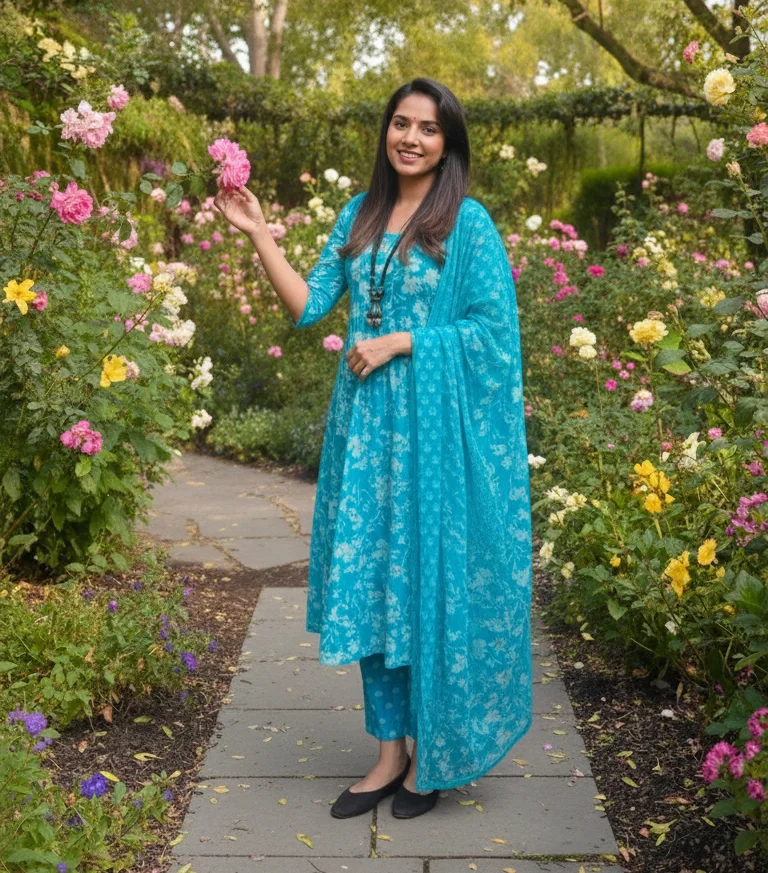Aqua Blue Anarkali Suit featuring a White Floral Print