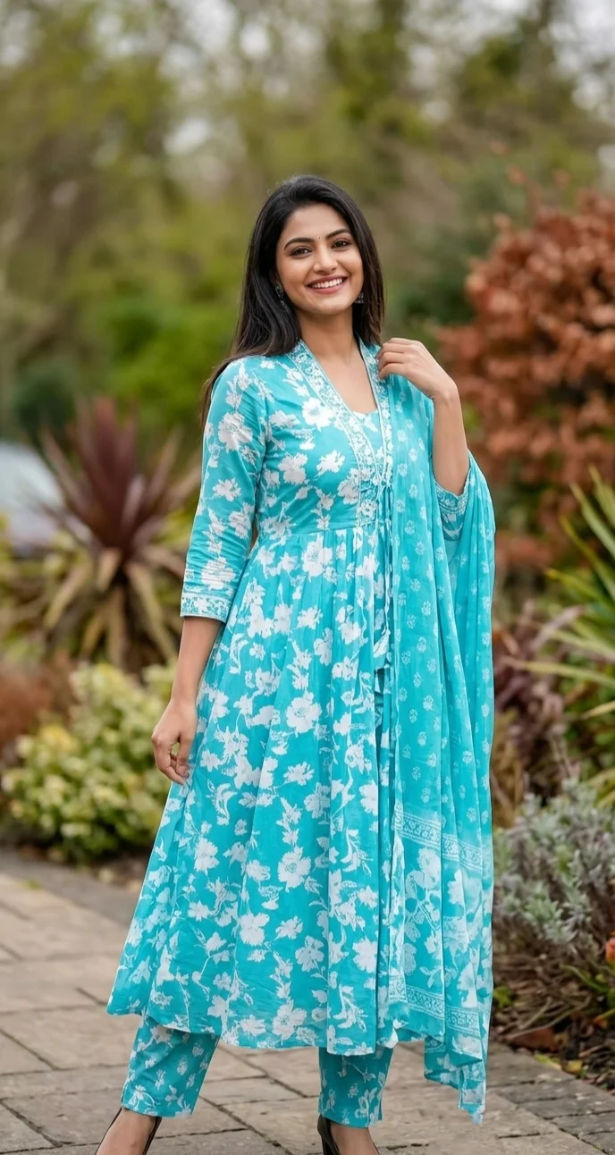 Aqua Blue Anarkali Suit featuring a White Floral Print