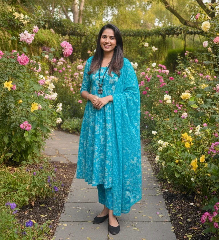 Aqua Blue Anarkali Suit featuring a White Floral Print - Image 2