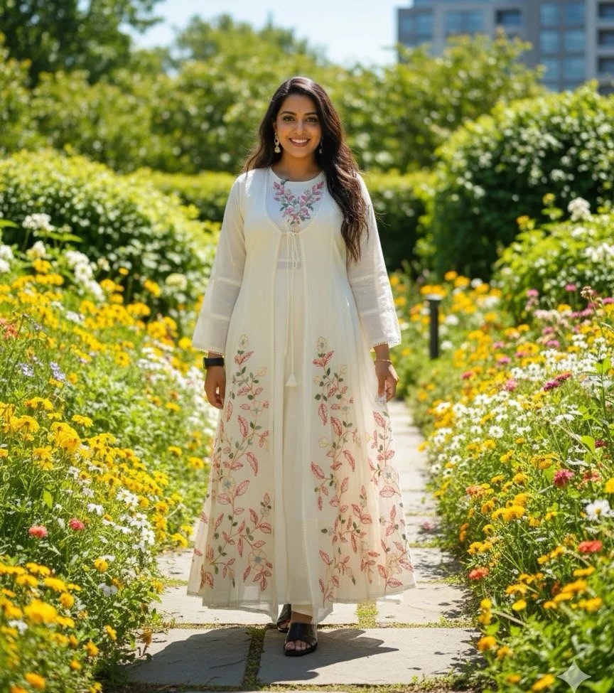 Off-White Anarkali-Style Jacket Suit with a Long Shrug/Jacket featuring delicate Pink and Green Floral Embroidery - Image 2