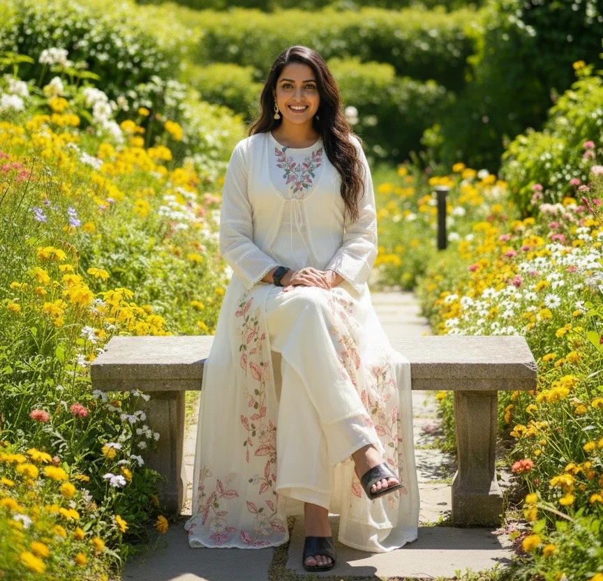 Off-White Anarkali-Style Jacket Suit with a Long Shrug/Jacket featuring delicate Pink and Green Floral Embroidery