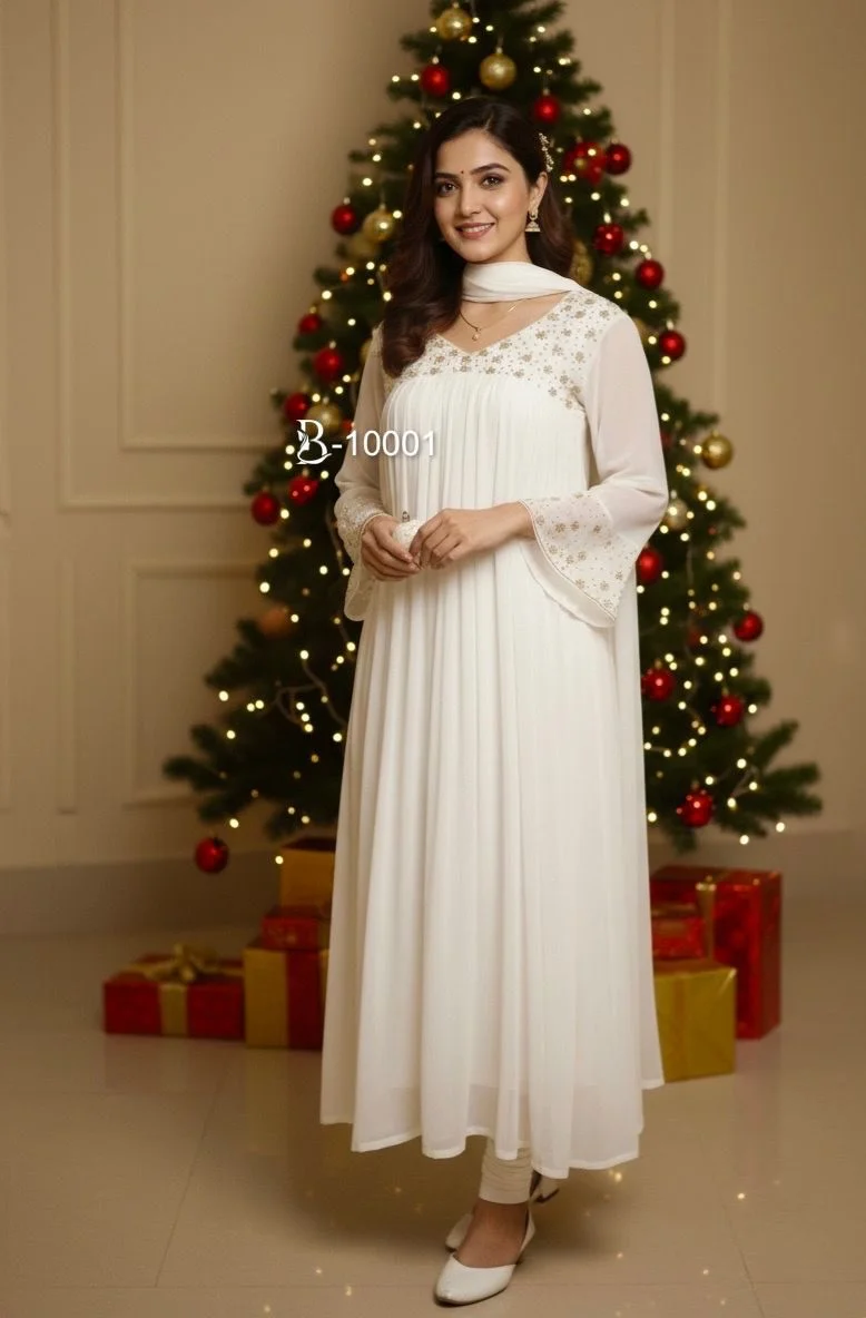 White Premium Georgette Anarkali Suit with a Flowing Silhouette