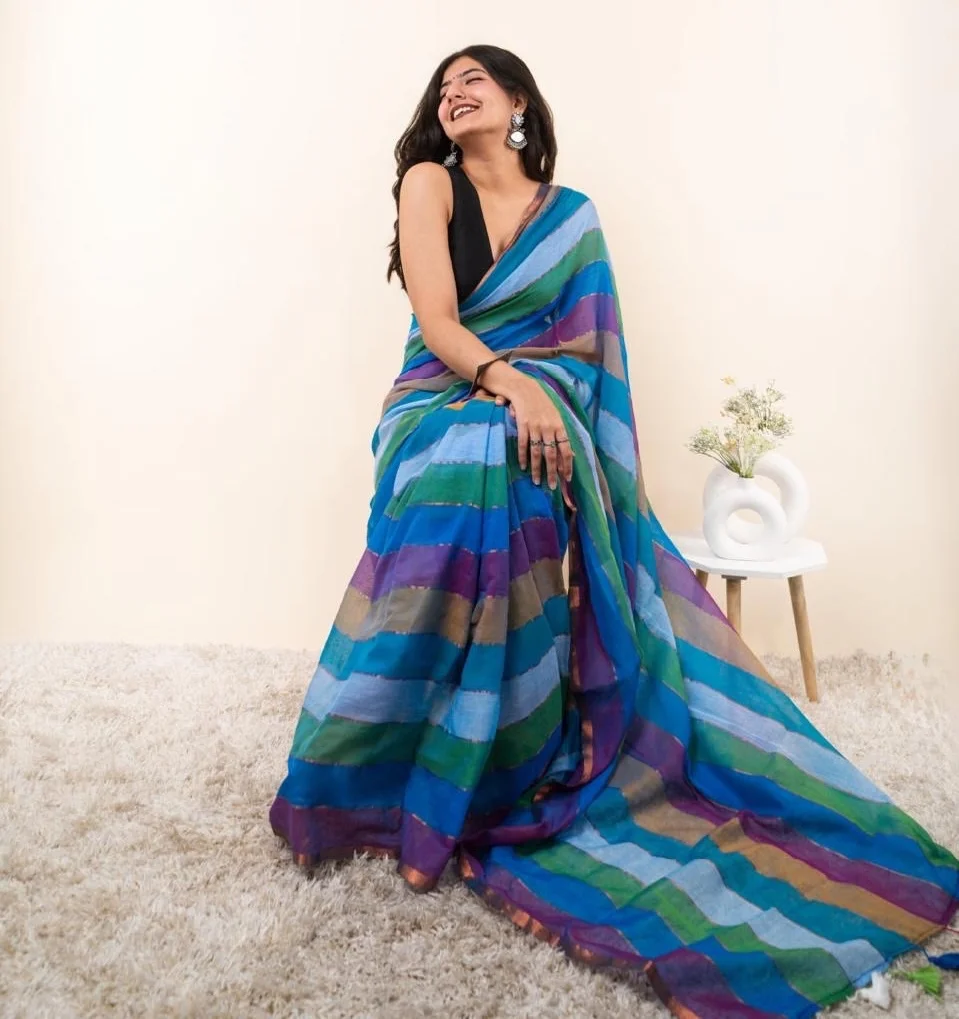 Multi-Color Striped Saree featuring horizontal bands of various shades of blue, green, purple, and brown