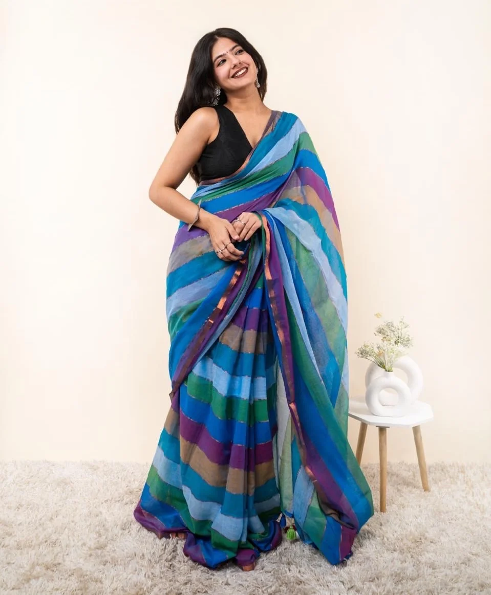 Multi-Color Striped Saree featuring horizontal bands of various shades of blue, green, purple, and brown - Image 2