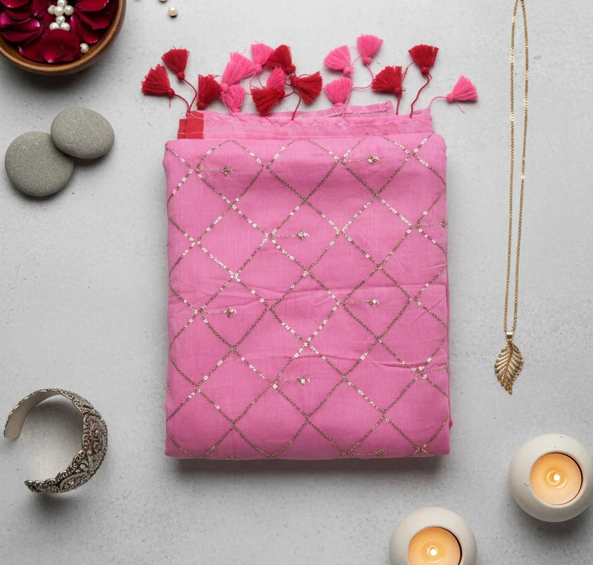 Rani Pink Georgette Saree with intricate Silver Zari and Sequin Work forming a Diamond Pattern - Image 2