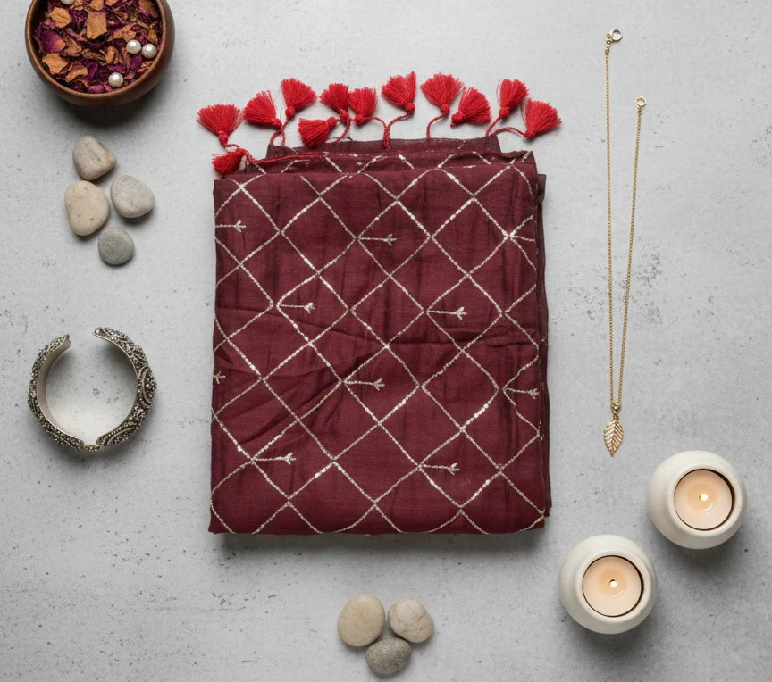 Dark Brown Saree with a delicate Gold Zari and Sequin Diamond Pattern - Image 2