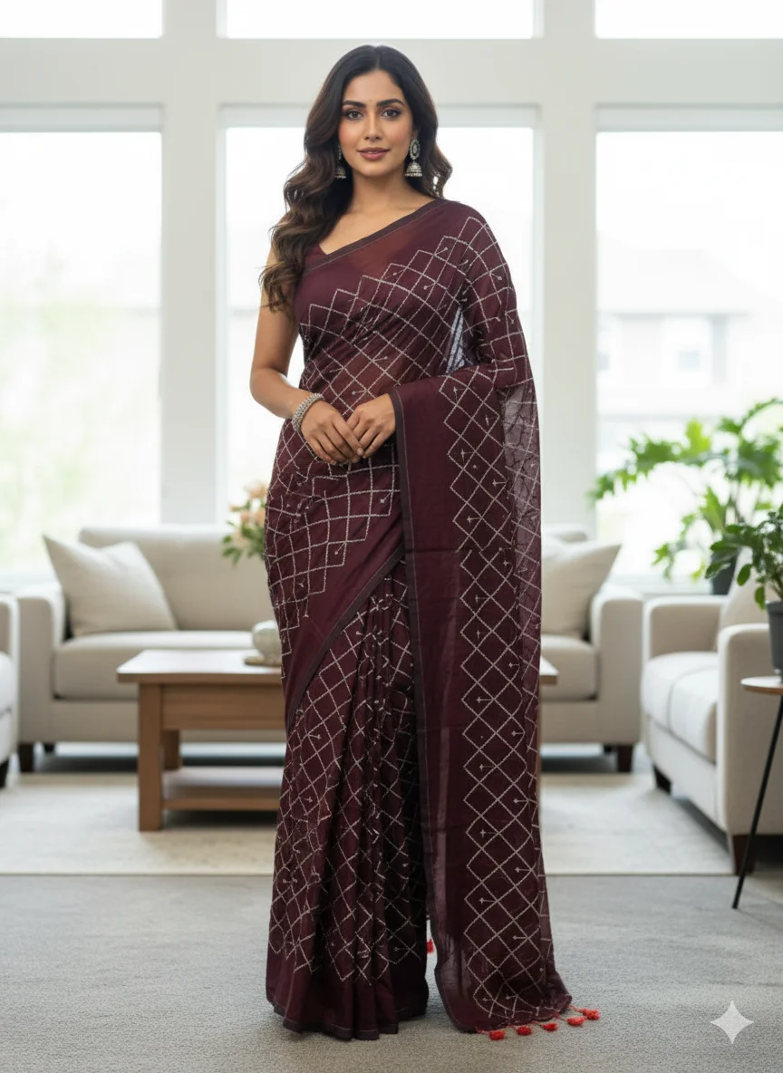 Dark Brown Saree with a delicate Gold Zari and Sequin Diamond Pattern