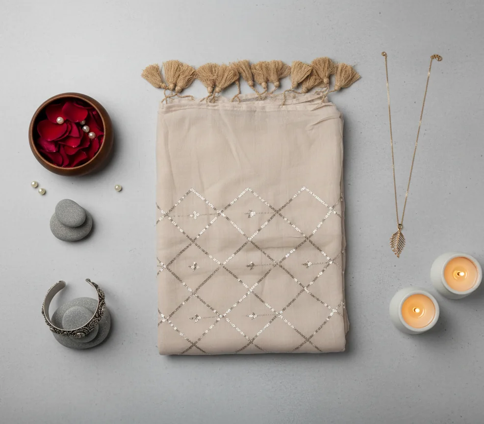 Cream Saree with subtle Gold Zari and Sequin Work forming a Diamond Pattern