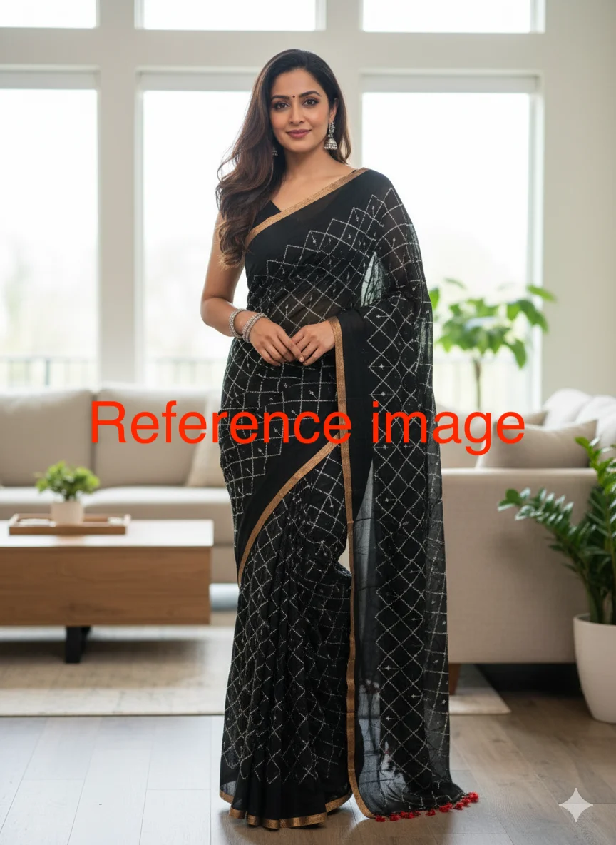 Cream Saree with subtle Gold Zari and Sequin Work forming a Diamond Pattern - Image 2