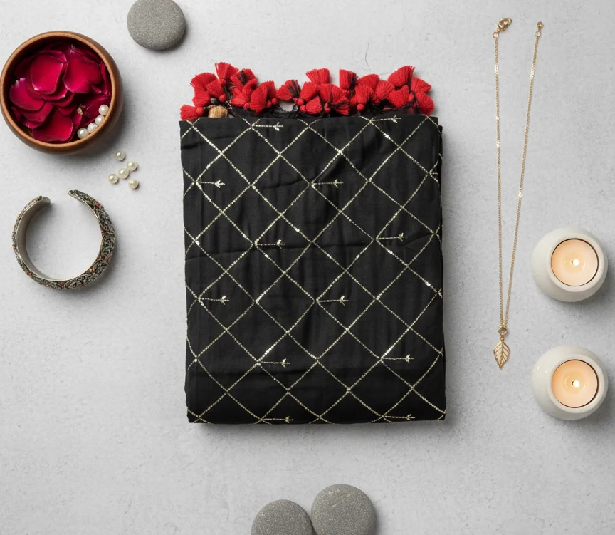 Black Georgette Saree with a delicate Gold Zari and Sequin Diamond Pattern - Image 2