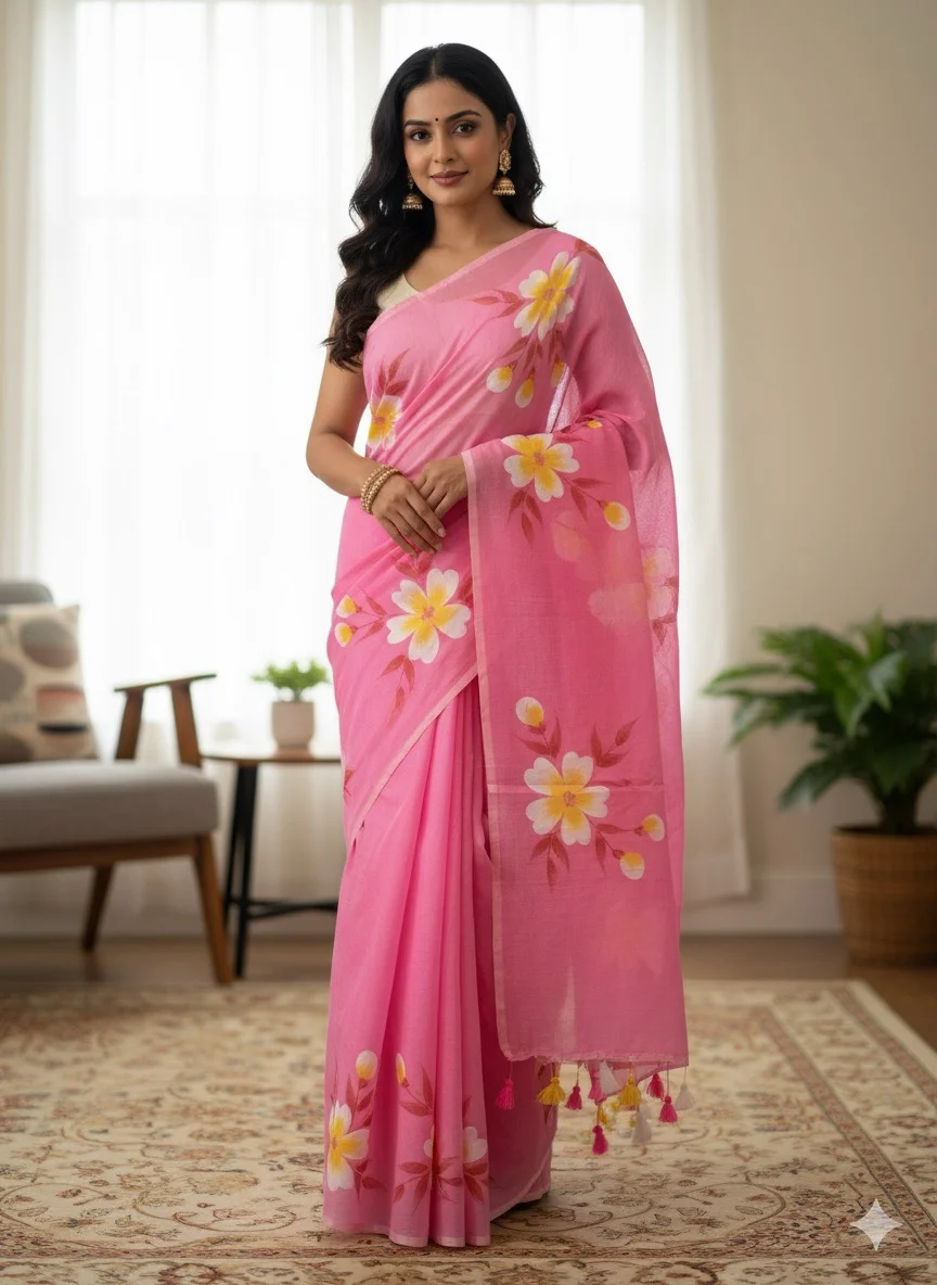 Light Pink Saree with Hand-Painted White and Yellow Floral Motifs