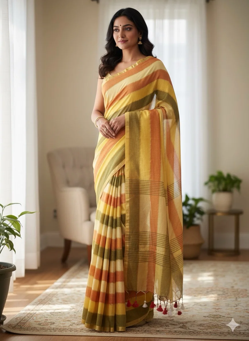 Cotton Saree with Multi-Color Vertical Stripes in warm, earthy tones like yellow, mustard, olive green, cream, and rust orange