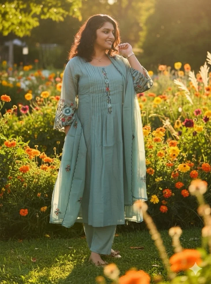 Aqua Blue Salwar Suit featuring a Long Kurta with vertical pleats and subtle floral embroidery near the neckline and hem