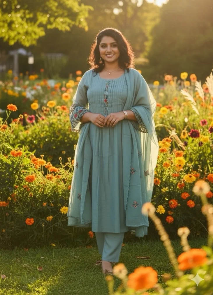 Aqua Blue Salwar Suit featuring a Long Kurta with vertical pleats and subtle floral embroidery near the neckline and hem - Image 2