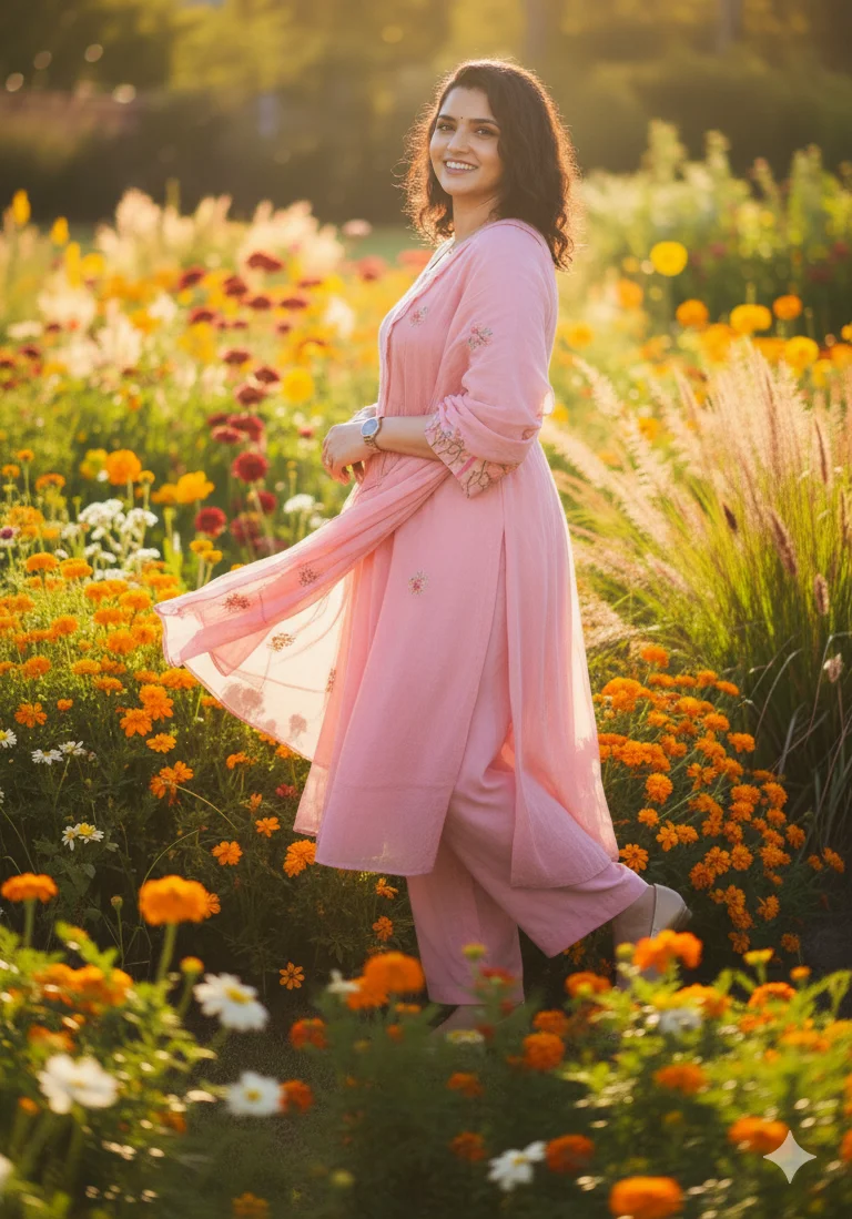 Light Pink Salwar Suit with a Flowy Kurta and matching Straight-Fit Trousers - Image 2