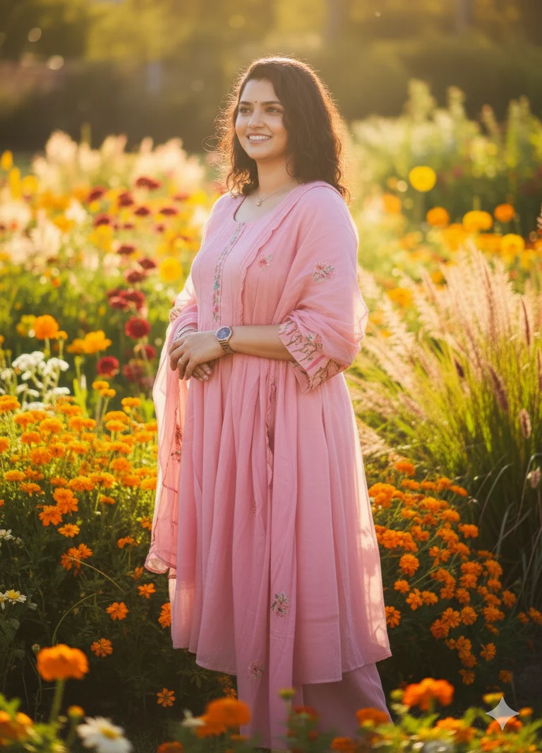 Light Pink Salwar Suit with a Flowy Kurta and matching Straight-Fit Trousers