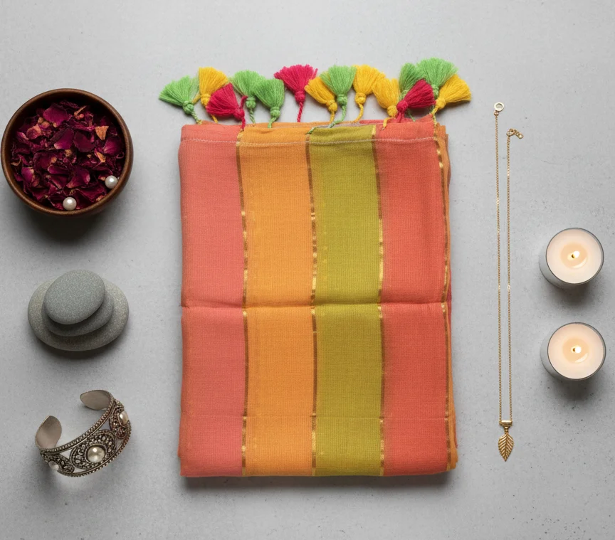 Mulcotton Saree with Horizontal Ombre Stripes in warm colors (peach, orange, and lime green) - Image 2