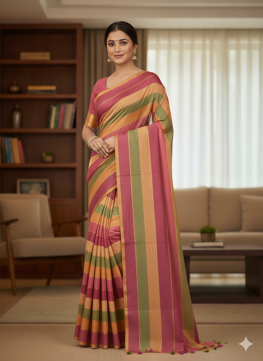Mulcotton Saree with Horizontal Ombre Stripes in warm colors (peach, orange, and lime green)