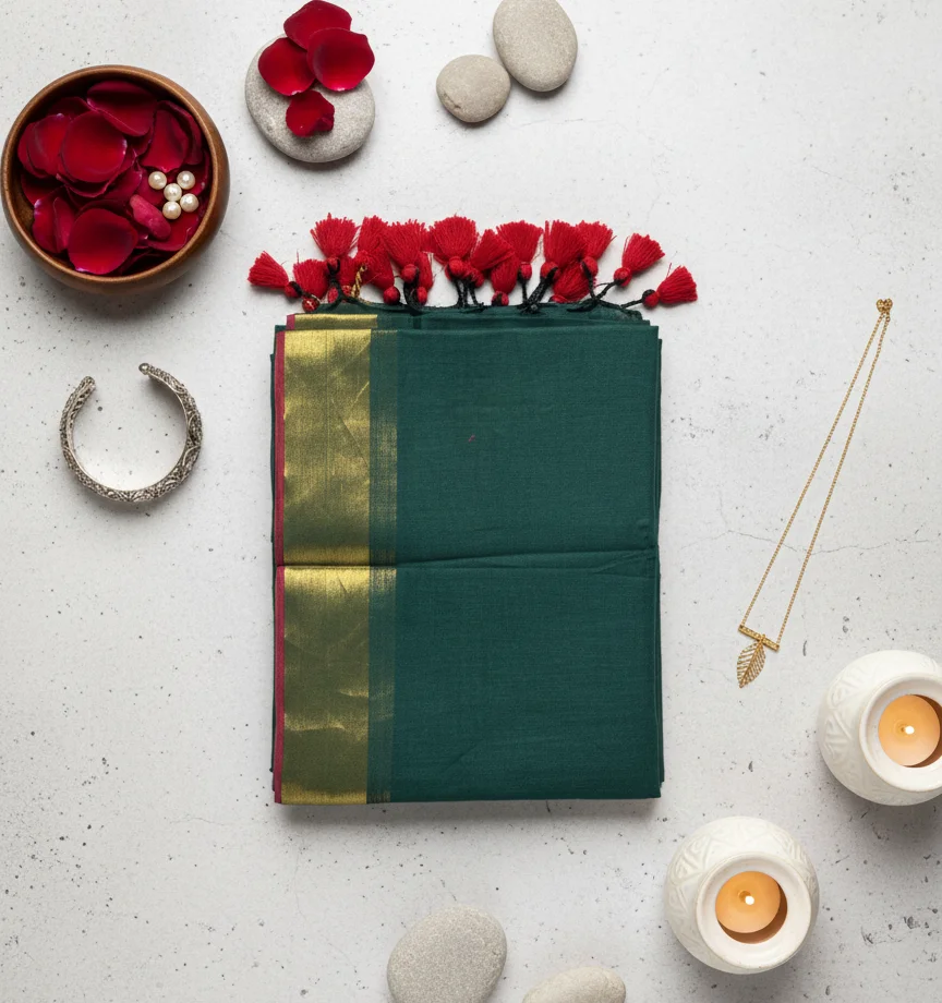 Dark Teal Green Mulcotton Saree featuring a wide, contrasting Gold Zari Border - Image 2