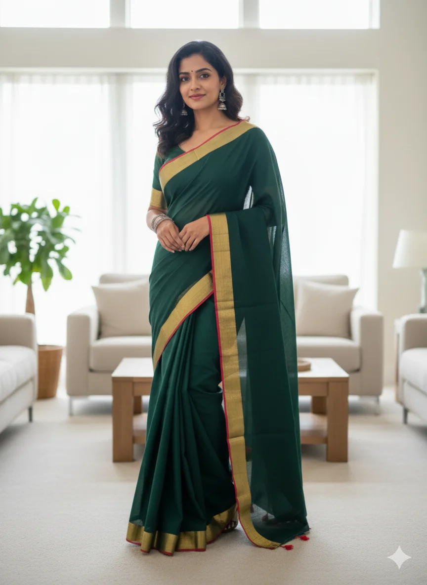 Dark Teal Green Mulcotton Saree featuring a wide, contrasting Gold Zari Border