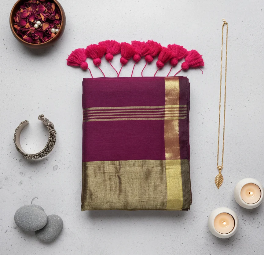 Deep Wine Colored Mulcotton Saree featuring a traditional Broad Gold Zari Border