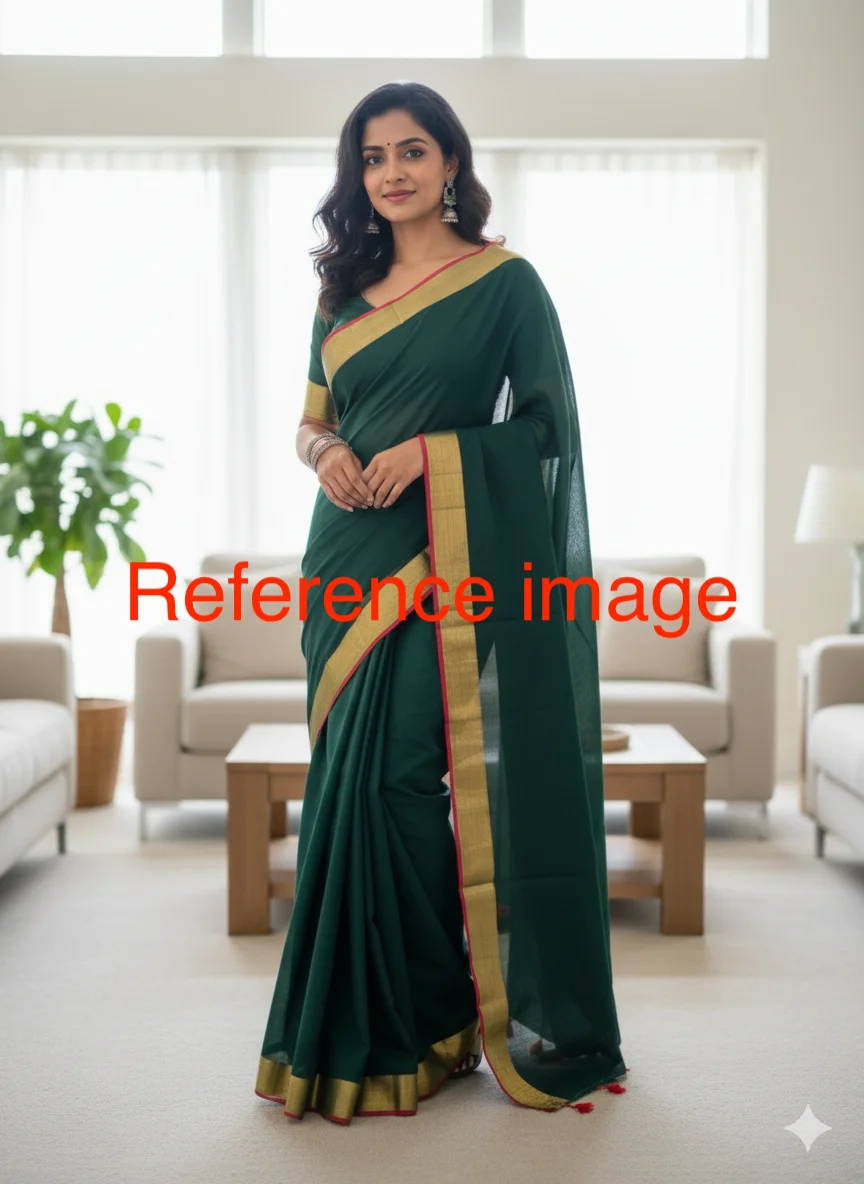 Deep Wine Colored Mulcotton Saree featuring a traditional Broad Gold Zari Border - Image 2