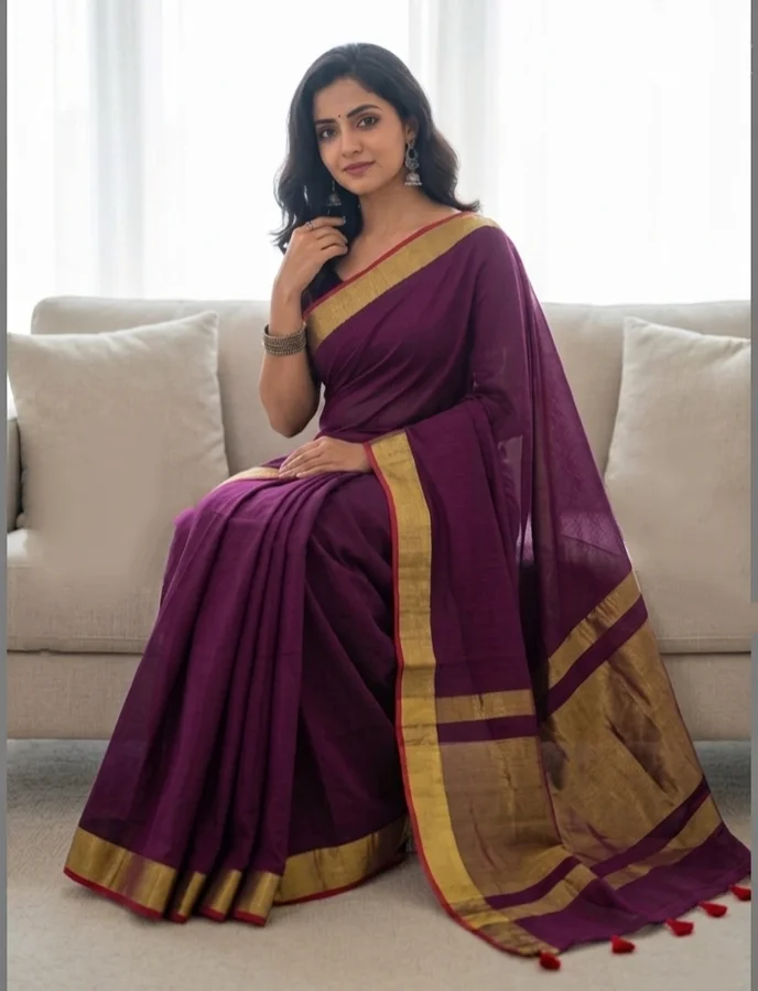 Deep Wine Colored Mulcotton Saree featuring a traditional Broad Gold Zari Border