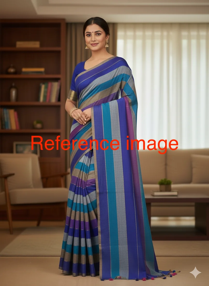 Pastel Mulcotton Saree with horizontal Ombre Stripes in soft shades of light green, pale yellow, and peach - Image 2