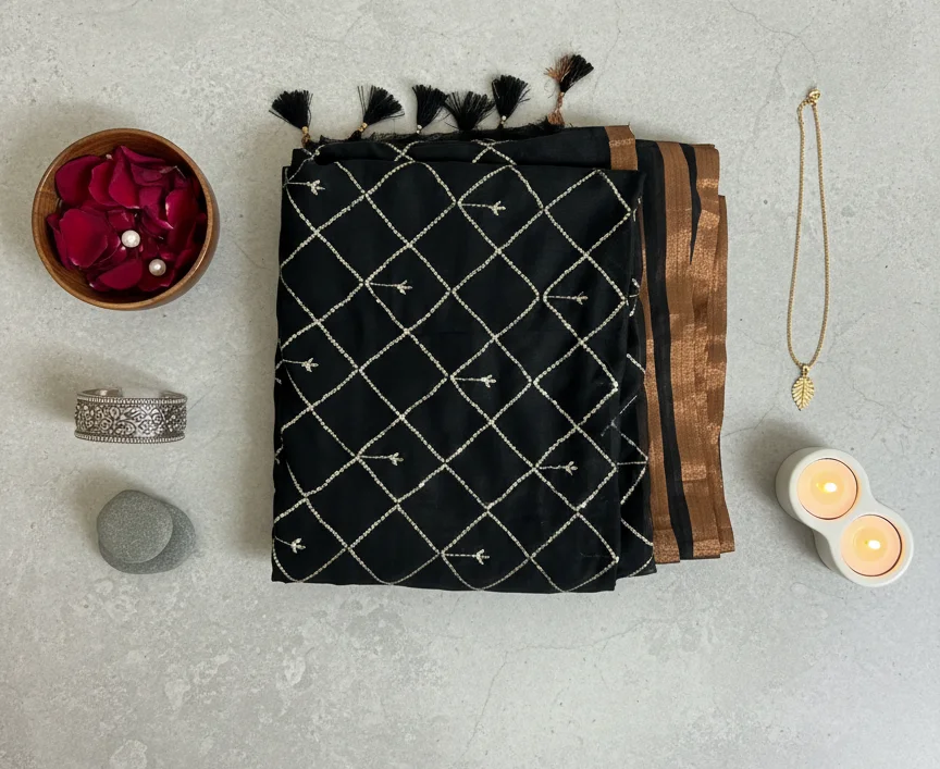 Black Saree with delicate Gold Thread Embroidery in a Diamond Pattern accented with small floral motifs