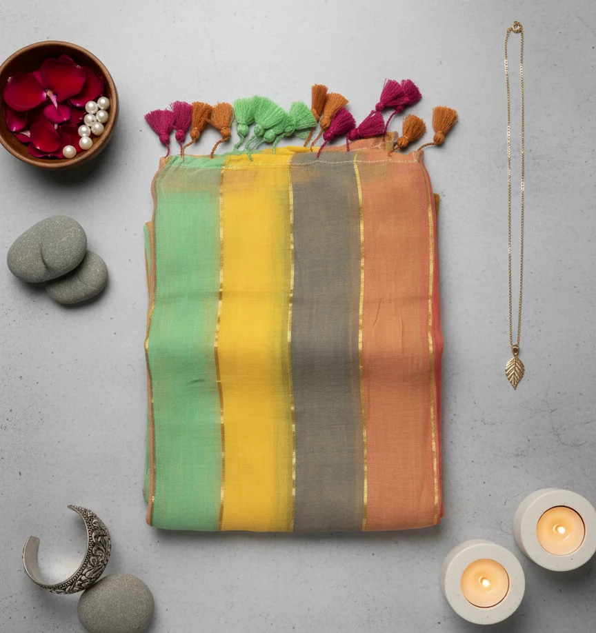 Mulcotton Saree with horizontal Color Block Stripes in bright hues of lime green, yellow, grey, and peach