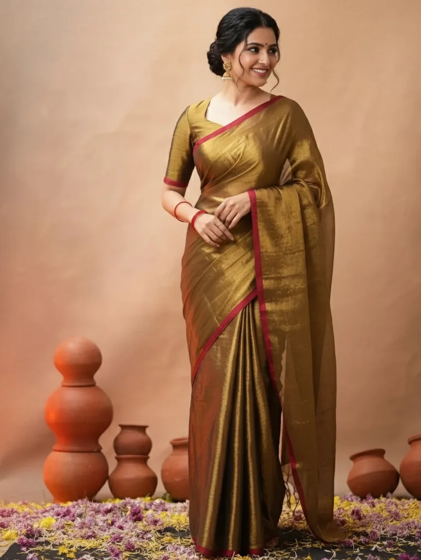 Antique Gold Raga Tissue Saree (with Plain Stitched Blouse)