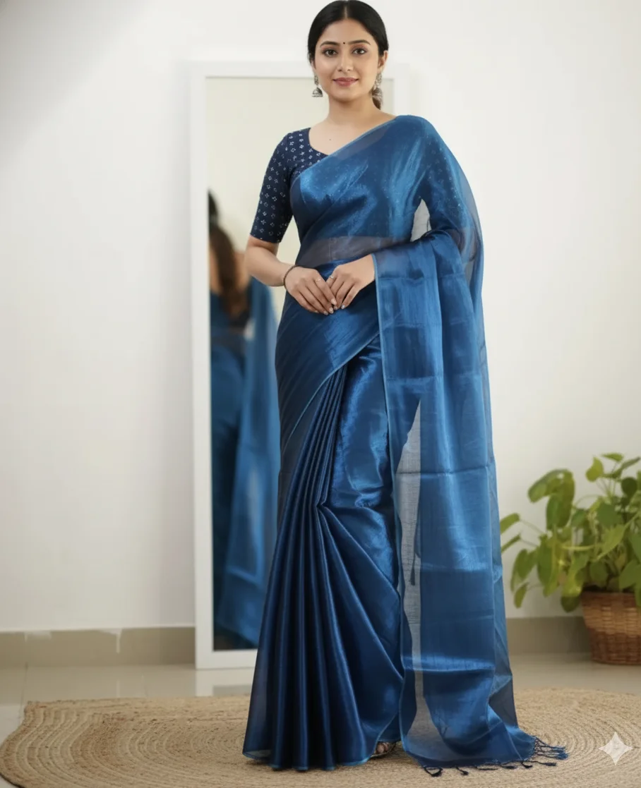 Blue Raga Tissue Saree (with Plain Stitched Blouse)