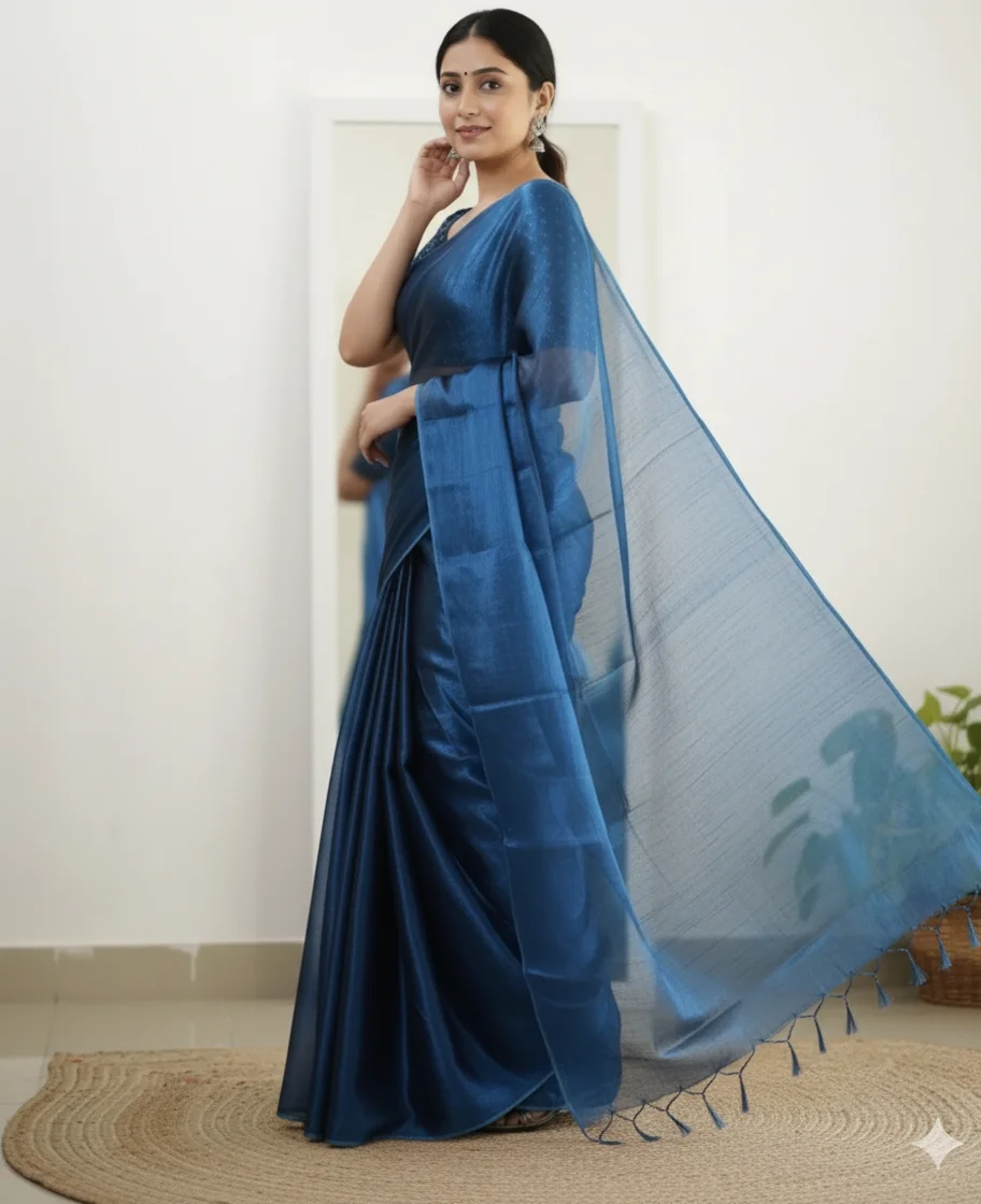 Blue Raga Tissue Saree (with Plain Stitched Blouse) - Image 2