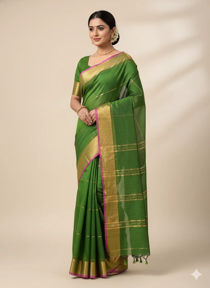 Olive Green Raga Tissue Saree (with Plain Stitched Blouse) - Image 2