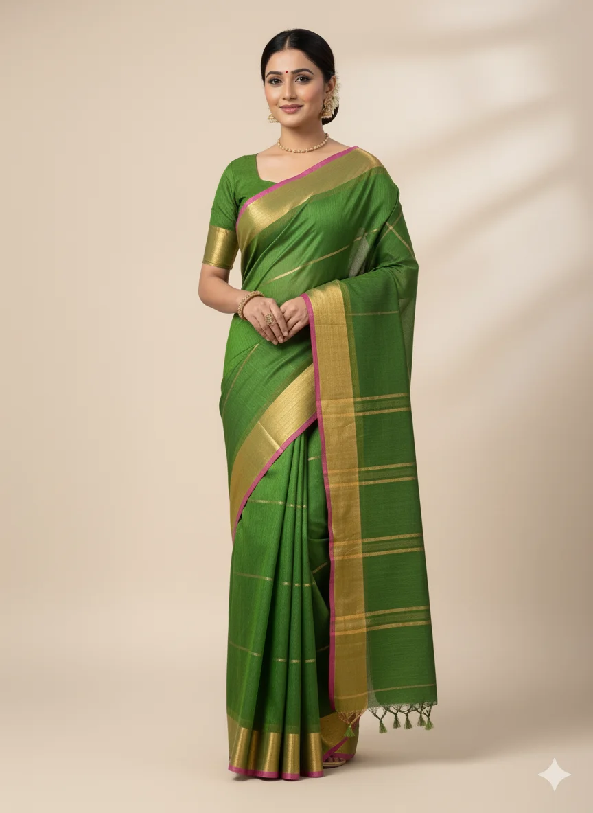 Olive Green Raga Tissue Saree (with Plain Stitched Blouse)