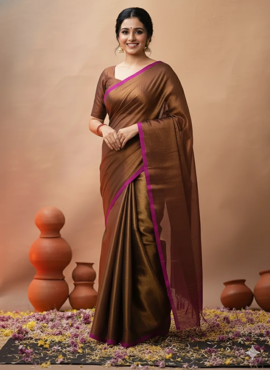 Bronze Raga Tissue Saree with Magenta Border (with Plain Stitched Blouse)