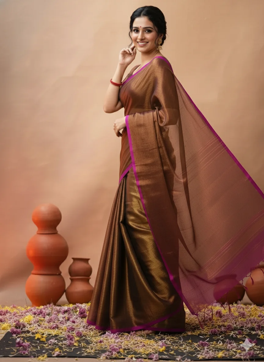 Bronze Raga Tissue Saree with Magenta Border (with Plain Stitched Blouse) - Image 2