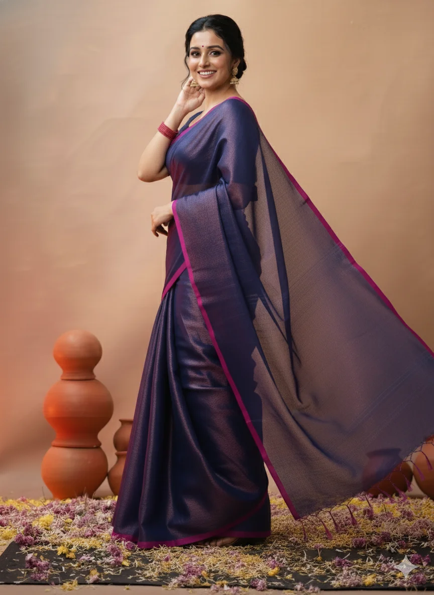 Navy Raga Tissue Saree with Magenta Border (with Plain Stitched Blouse) - Image 2